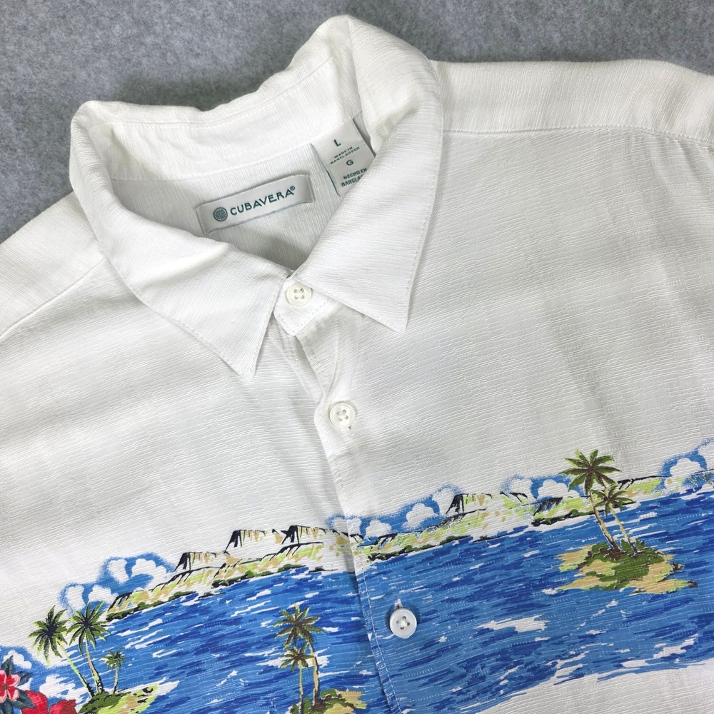 Cubavera Tropical Print Button Up Shirt Men's Large White Viscose Short‎ Sleeve